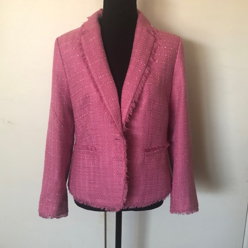 Pink Textured Blazer with Fringe Details